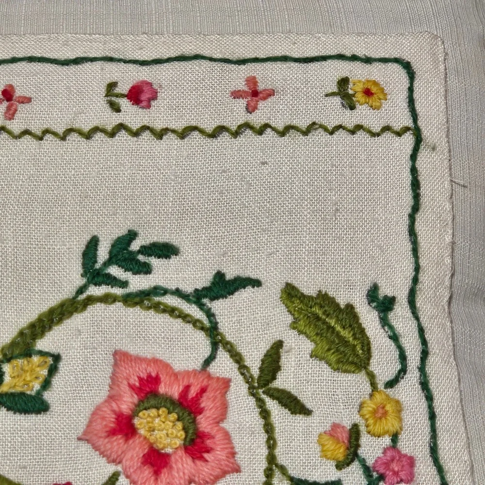 Vintage Style‎ Hand Embroidered Floral Pillow Cottagecore Folk Art Needlework